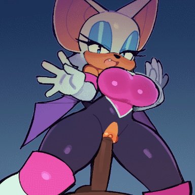 sega, sonic the hedgehog (series), rouge the bat, wamudraws, anthro, balls, bedroom eyes, bouncing breasts, breasts, brown body, brown skin, chiropteran, female, flapping wings, genitals