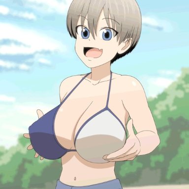 uzaki-chan wa asobitai!, uzaki hana, kidetic, kusujinn, 1girls, bare shoulders, big breasts, bikini, bikini top, blue eyes, bouncing breasts, breast grab, breasts, busty, clothed