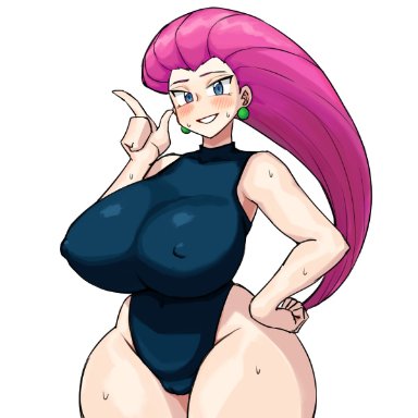 pokemon, jessie (pokemon), artist request, big breasts, blue eyes, blush, breasts, huge breasts, large breasts, nipple bulge, nipples, plump, purple hair, pussy, revealing clothes