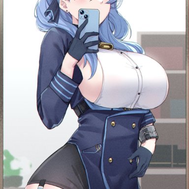 blue archive, ako (blue archive), kanta, belt unbuckled, big ass, big breasts, bursting breasts, bursting clothes, cowbell, curvy, fat ass, gloves, hand on hip, hourglass figure, huge ass