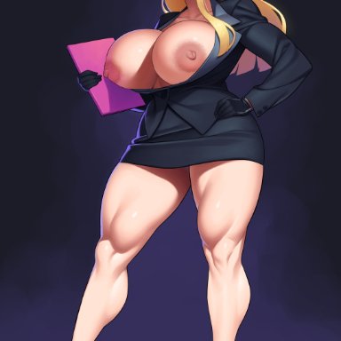 capcom, street fighter, kolin, hidarikiki, 1female, 1girl, 1girls, areolae, big breasts, blonde hair, blue eyes, bottomwear, breasts, cleavage, clothing