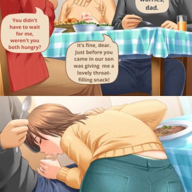 1boy1girl, 2 panel comic, bj, black hair, blowjob, brown hair, cheating, cheating wife, closed eyes, clothed, cuck, cuckold, cuckolded, dining, dining room