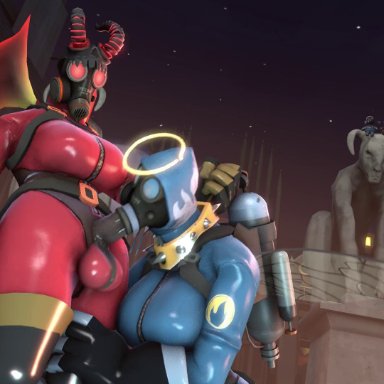 team fortress 2, valve, fempyro, pyro, tappysfm, balls, blowjob, bodysuit, breasts, collar, deepthroat, erection, erection under clothes, female, futa on female