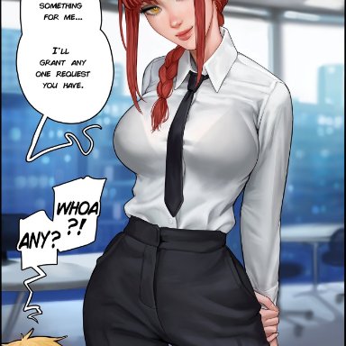 chainsaw man, denji (chainsaw man), makima (chainsaw man), aroma sensei, bra, business woman, clothed, clothing, dog collar, necktie, red hair, suit, white shirt, yellow eyes, speech bubble