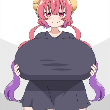 miss kobayashi's dragon maid, ilulu (dragon maid), evov1, abstract background, animal humanoid, big breasts, blinking, blush, bouncing breasts, breast jiggle, breast squish, breasts, clothing, dragon, dragon humanoid