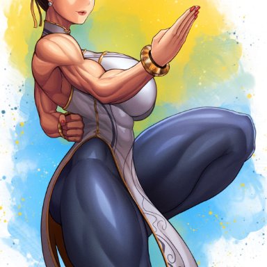 capcom, street fighter, chun-li, kingbang, kongman99, 1girls, abs, asian, asian female, brown eyes, brown hair, china dress, clothed, clothed female, clothes