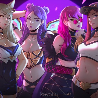 k/da series, league of legends, riot games, ahri, akali, evelynn, k/da ahri, k/da akali, k/da evelynn, k/da kai'sa, kai'sa, koyorin, 4girls, armpits, arms behind back