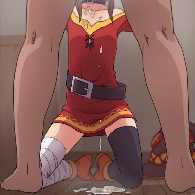 megumin, akaino (akaomi), 1boy, 1girls, asymmetrical legwear, choker, clothed female nude male, clothing, cum drip, dark-skinned male, dark skin, dress, dripping, dripping cum, fellatio