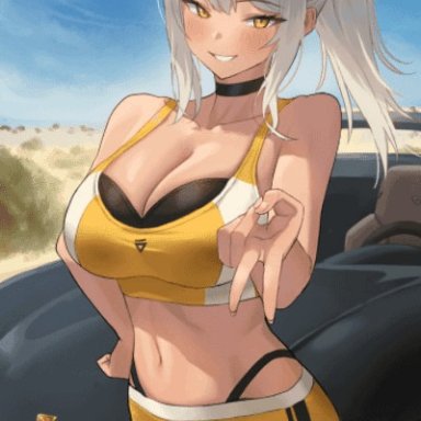 jagaimo, 1girls, amber eyes, athletic, athletic female, bangs, bare legs, bare midriff, bare shoulders, belly button, black panties, booty shorts, bouncing breasts, breasts, car