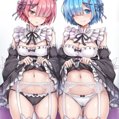 ram (re:zero), rem (re:zero), r-binon, 2girls, bangs, black panties, blue eyes, blue hair, blunt bangs, blush, breasts, cleavage, cleavage cutout, clothes lift, clothing cutout