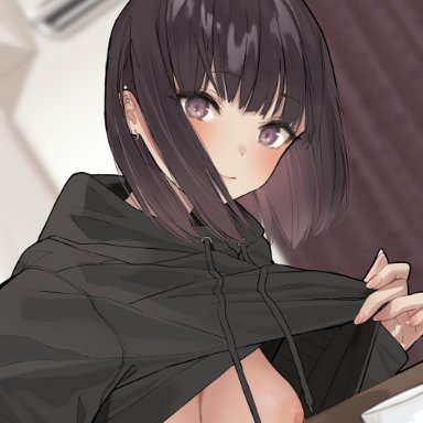 original, sutochan, air conditioner, bangs, black hair, black hoodie, blunt bangs, blurry, blurry background, blush, breast rest, breasts, breasts on table, brown eyes, closed mouth