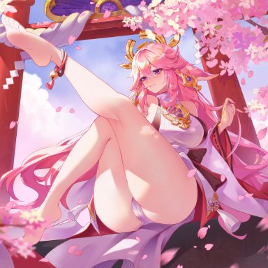 genshin impact, miko, yae miko, artist request, animal ears, anklet, ass, bare shoulders, barefoot, blush, breasts, cameltoe, come hither, detached sleeves, feet