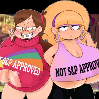 disney, gravity falls, mabel pines, pacifica northwest, ota (artist), big breasts, blonde hair, braces, brown hair, glitter, middle finger, peace sign, smile, sweat, sweater