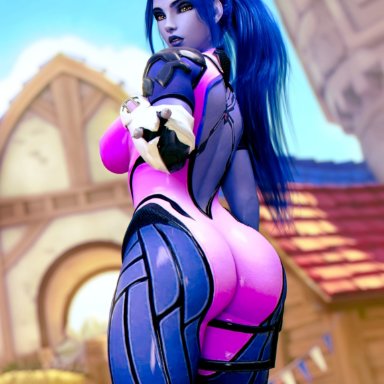 blizzard entertainment, overwatch, widowmaker, milapone, ass, big ass, big breasts, bodysuit, pubic hair, purple skin, sideboob, tight bodysuit, 3d, patreon username, twitter username