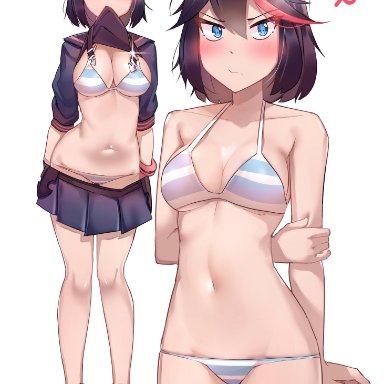 kill la kill, matoi ryuuko, ti keep, 1girl, bikini, blue eyes, blush, breasts, female, female only, looking at viewer, looking away, shimapan, shoes, skirt