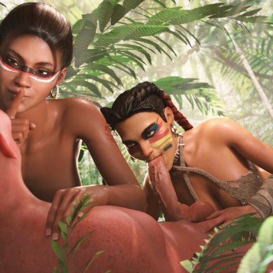 apex legends, capcom, resident evil, resident evil 5, loba, loba (apex legends), loba andrade, sheva alomar, dimipron, 1boy, 2girls, big breasts, dark-skinned female, dark skin, facepaint