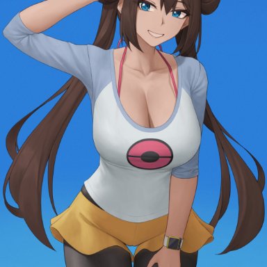 nintendo, pokemon, pokemon bw2, rosa (pokemon), zaphn, 1girls, blue eyes, breasts, brown hair, cleavage, clothed, clothed female, female, female only, grin