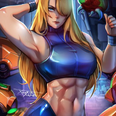 metroid, nintendo, metroid (creature), samus aran, xuuikie, abs, alternate hairstyle, big breasts, blonde hair, blue eyes, breasts, hair over one eye, hips, muscular female, one arm behind head