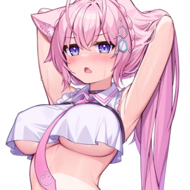 hololive, hakui koyori, deaver, animal ear fluff, animal ears, armpits, bangs, blush, braid, breasts, coyote ears, coyote girl, coyote tail, female, hair between eyes