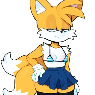 sega, sonic (series), sonic the hedgehog (series), tails, somescrub, 1boy, anthro, bedroom eyes, blue eyes, bra, bulge, femboy, fox, gloves, half-closed eyes