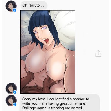 boruto: naruto next generations, naruto, naruto (series), hyuuga hinata, raikage, raikage art, 1boy, 1girls, chat log, cheating, cheating wife, dark-skinned male, interracial, large breasts, netorare