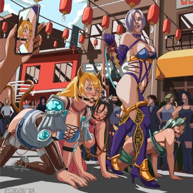soul calibur, video game franchise, background character, isabella valentine, sophitia alexandra, taki, talim, crimsonnoodle, 4girls, adult and teenager, age difference, all fours, asian, asian female, asphalt