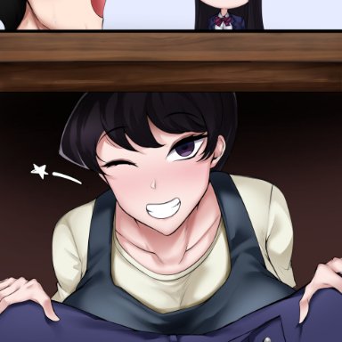 komi-san wa komyushou desu, komi shouko, komi shuuko, tadano hitohito, owner (artist), 1boy, 2girls, alternate breast size, black eyes, black hair, breasts, female, head between legs, huge breasts, imminent blowjob