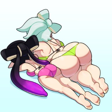 splatoon, callie (splatoon), inkling, marie (splatoon), squid sisters, somescrub, 2girls, ass, ass cleavage, ass size difference, ass to ass, big ass, big breasts, big butt, bikini