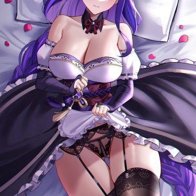 genshin impact, raiden shogun, eternity (shadeh), 1girls, ass visible through thighs, bangs, bare shoulders, bird's-eye view, black garter belt, black garter straps, black legwear, black lingerie, black panties, black thong, braid