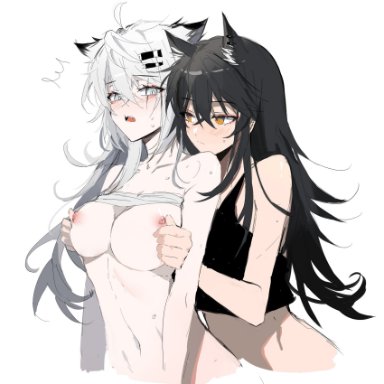 arknights, lappland (arknights), texas (arknights), meng ziya, 2girls, @ @, ahoge, animal ears, bangs, black hair, black tank top, blush, breast grab, breasts, breasts out