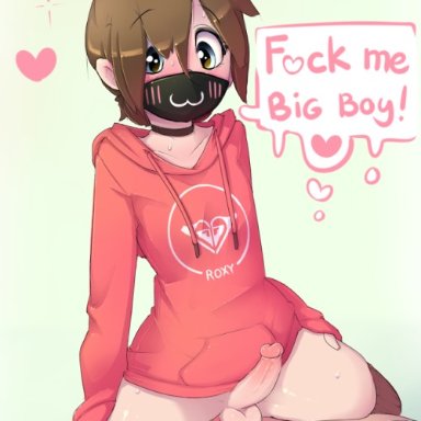hoodie (artist), 2boys, anal, anal sex, balls, blush, blush lines, brown eyes, brown hair, choker, cute, face mask, femboy, gay, girly