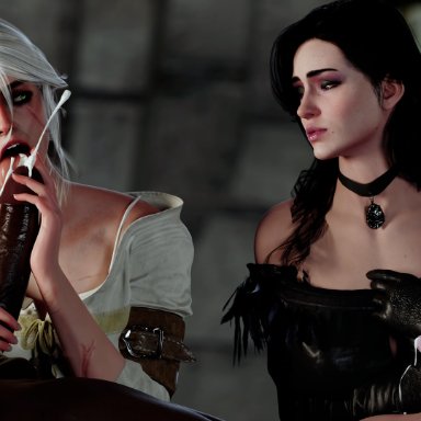 the witcher (series), ciri, yennefer, blackedvg, 2boys, 2girls, dark-skinned male, fellatio, green eyes, large penis, mother and daughter, small penis humiliation, white hair, 3d