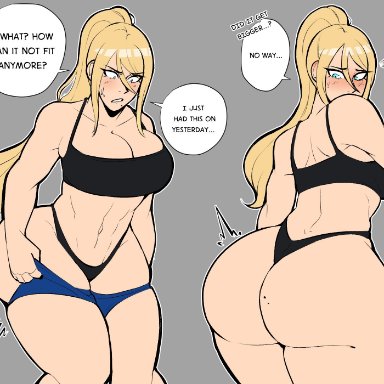 metroid, nintendo, samus aran, bluueygooey, 1girls, ass, ass expansion, ass growth, big ass, big breasts, blonde hair, bra, breasts, bubble butt, cleavage