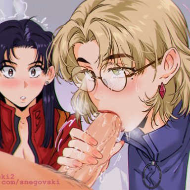 neon genesis evangelion, misato katsuragi, ritsuko akagi, snegovski, 2girls, blonde hair, fellatio, glasses, green eyes, hand on penis, holding penis, lipstick, pink nails, purple hair, shocked