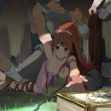 fire emblem, nintendo, linde (fire emblem), eudetenis, 1girls, 4boys, about to be raped, arm grab, arms behind back, bandit, bare legs, bdsm, bondage, book, breasts