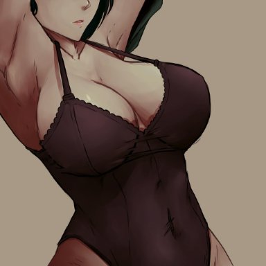 one-punch man, fubuki (one-punch man), yomichiboy, 1girls, armpits, arms up, belly, belly button, big breasts, black lingerie, bob cut, breast focus, breasts, busty, cleavage