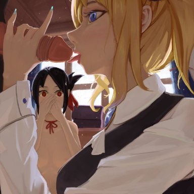 hayasaka ai, shinomiya kaguya, kodra, 2girls, blonde hair, clothed female, clothing, completely nude, fellatio, female, female focus, licking, maid, multiple girls, nude