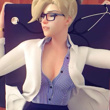 blizzard entertainment, overwatch, mercy, cakeofcakes, lerico213, oolay-tiger, 1boy, 1girls, big penis, black stockings, blonde, blonde hair, blue shirt, blue skirt, bouncing breasts