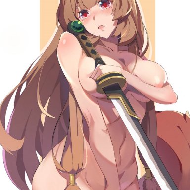 tate no yuusha no nariagari, the rising of the shield hero, raphtalia, 1girls, animal ear fluff, animal ears, areolae, blush, blushing at viewer, breast squish, brown hair, completely nude, completely nude female, covered nipples, covering breasts