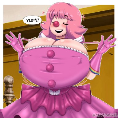 capcom, gyakuten saiban, geiru toneido, crysnickel, 1girls, breasts, closed eyes, clown, clown girl, clown nose, female, female focus, huge breasts, nipple bulge, pink hair