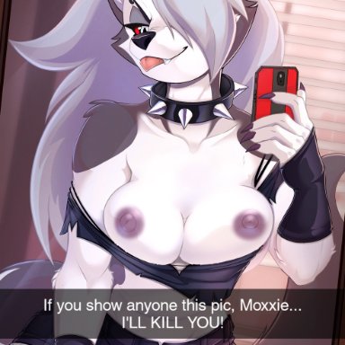 helluva boss, snapchat, loona (helluva boss), moxxie (helluva boss), kinkywinky69, scappo, breasts, canine, demon, exposed breasts, goth, goth girl, hellhound, phone, selfie