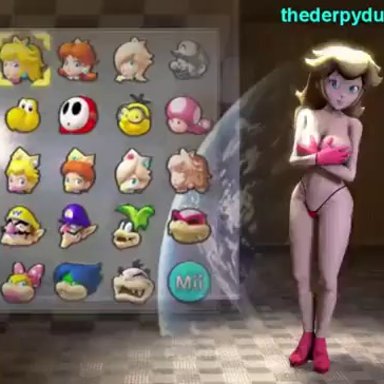 mario (series), mario kart, xvideos, princess peach, derpyduck, 1girls, areolae, big breasts, big penis, black eyebrows, blowjob, blue eyes, breasts, chairs, character select