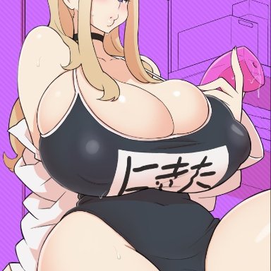 kakuzato, blonde hair, blush, giant breasts, looking at viewer, milf, sex toy, swimsuit, thick thighs