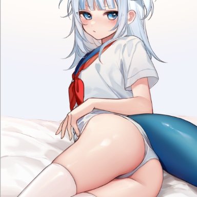 hololive, hololive english, gawr gura, smilesmile1312, ass, bangs, bed, blue eyes, blue hair, blunt bangs, female, fish tail, long hair, looking at viewer, multicolored hair