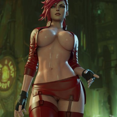 league of legends, arcane vi, vi, johntwo, 1girls, ass, athletic female, big ass, black fingerless gloves, blue eyes, bottomless, earrings, face tattoo, female, female only