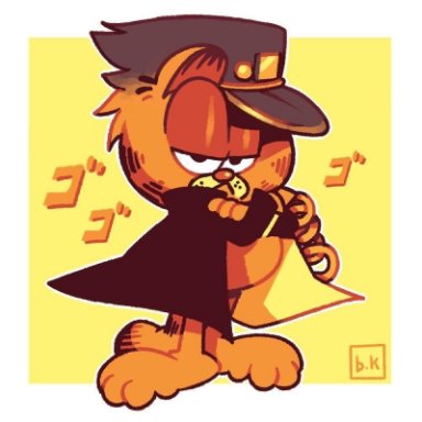 garfield (series), jojo's bizarre adventure, garfield the cat, unknown artist, cat, male focus, male only, menacing, posing, solo male, yellow background, jojo reference, unknown artist signature