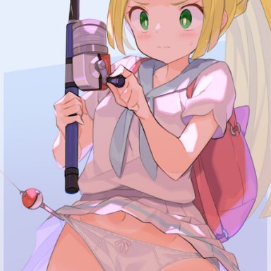 game freak, nintendo, pokemon, pokemon sm, lillie (pokemon), spring2013, adorable, blonde hair, braid, cute, fishing rod, panties, panty pull, ponytail