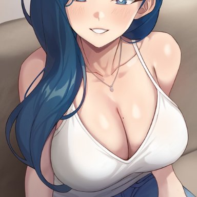 original, original character, jagaimo, kkamja, 1female, 1girl, 1girls, asymmetrical hair, beauty mark, blue eyes, blue hair, breasts, cleavage, clothed, clothed female