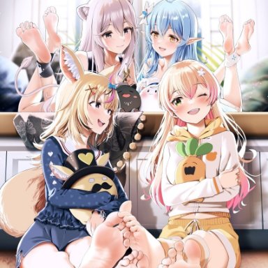 hololive, momosuzu nene, omaru polka, shishiro botan, yukihana lamy, casino (casinoep), 4girls, barefoot, elf, feet, female only, foot fetish, foot focus, multiple girls, smile