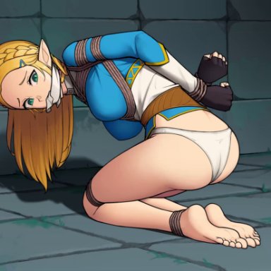 breath of the wild, nintendo, the legend of zelda, princess zelda, zelda (breath of the wild), gbeeee, 1girls, ass, back view, barefoot, blonde hair, bondage, bound, bound arms, bound legs